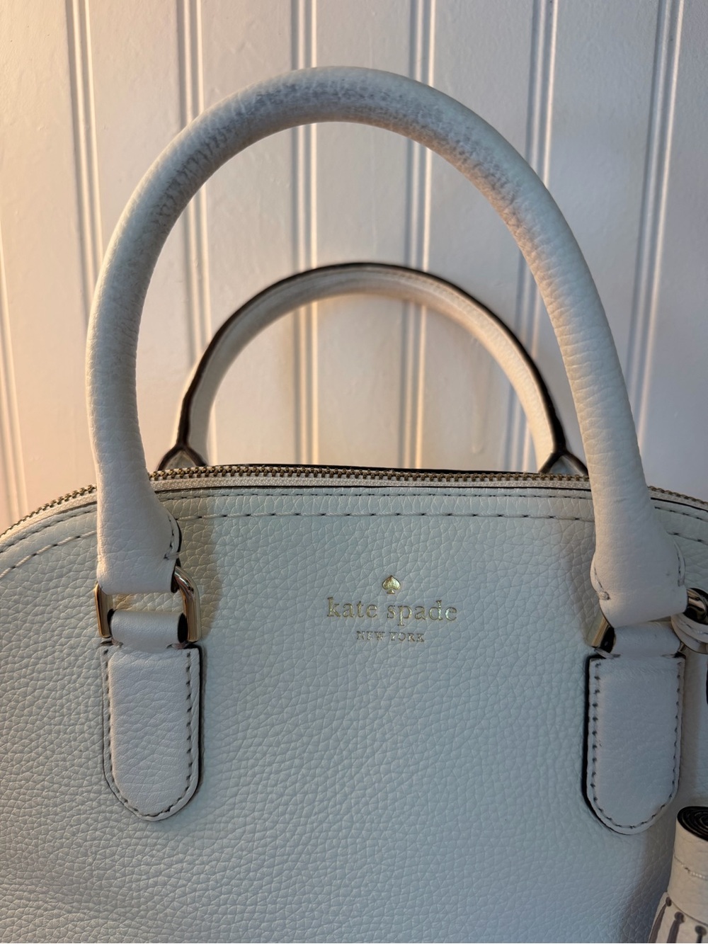 Kate Spade ♠️ McCall Street Carli Leather Satchel White Tassel No Strap - Picture 6 of 14